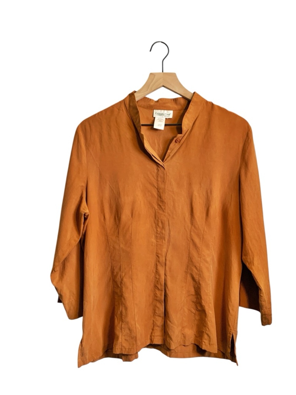 Coldwater Creek Vintage 100% Silk Rust Orange Button-Front Mandarin Collar Top
